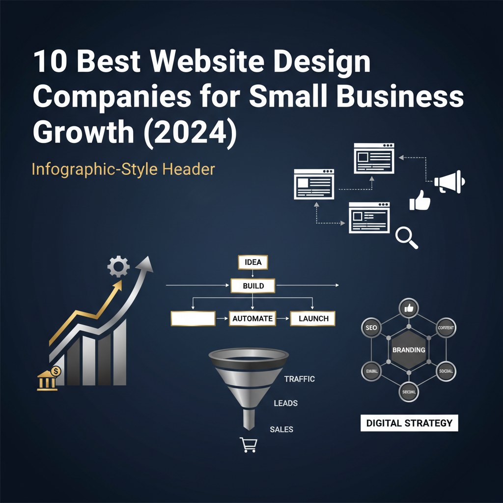 Infographic-style header image for '10 Best Website Design Companies for Small Business Growth (2024)'. It features a professional, data-driven visual representing business growth and digital automation through interconnected geometric shapes, abstract website icons, ascending charts, and flow diagrams, all in a deep navy, charcoal, white, and metallic silver color scheme.
