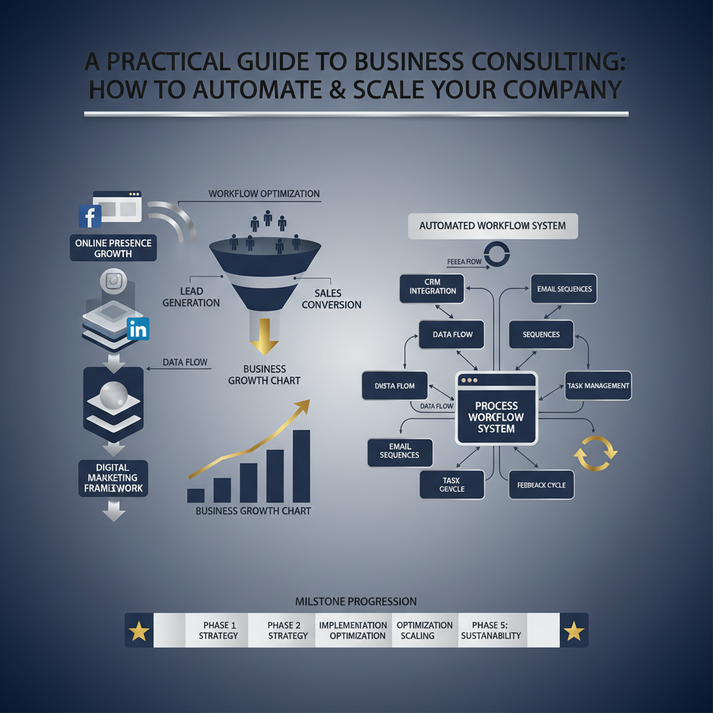 Infographic-style header image for a business article titled 'A Practical Guide to Business Consulting: How to Automate & Scale Your Company'. It depicts conceptual business growth and automation processes using workflow diagrams, sales funnels, and growth charts with clean geometric shapes and metallic accents. The color palette is deep navy, charcoal, white, and metallic silver/gold, conveying professionalism and premium quality. No people or stock photography are present.