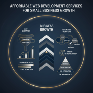 Infographic-style header image for 'Affordable Web Development Services for Small Business Growth'. Features a modern, vector-based design with geometric shapes, subtle gradients, and metallic accents in navy, charcoal, white, and silver/gold. Depicts non-human elements such as business growth charts, workflow diagrams, digital marketing frameworks, and interconnected pipelines, illustrating efficient online presence development and automation for small businesses.