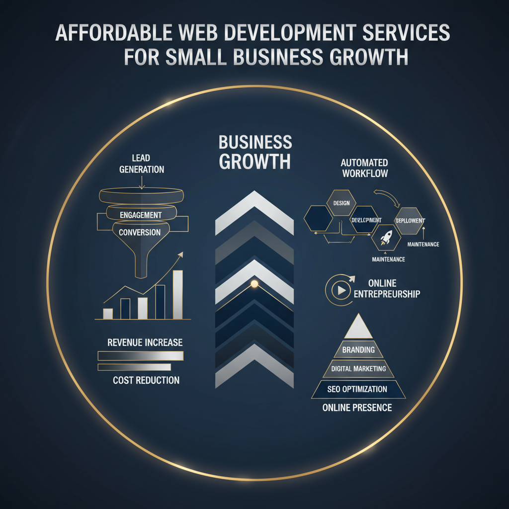Infographic-style header image for 'Affordable Web Development Services for Small Business Growth'. Features a modern, vector-based design with geometric shapes, subtle gradients, and metallic accents in navy, charcoal, white, and silver/gold. Depicts non-human elements such as business growth charts, workflow diagrams, digital marketing frameworks, and interconnected pipelines, illustrating efficient online presence development and automation for small businesses.