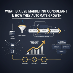 Infographic-style header image for an article titled 'What is a B2B Marketing Consultant & How They Automate Growth'. The image visually represents business growth, automation, and online entrepreneurship through abstract, non-human elements like interconnected flowcharts, ascending growth charts, sales funnels, and layered digital icons, all conveying efficiency and strategic processes. The design is modern, minimalist, and vector-based, using a premium color palette of deep navy, charcoal, and white with metallic silver or gold highlights.