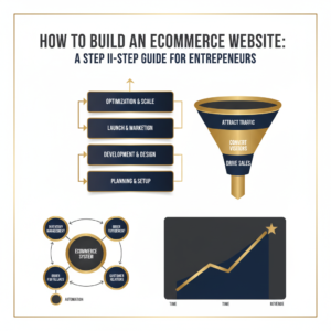 Infographic-style header image for an ecommerce website guide, featuring interconnected geometric shapes, ascending growth charts, and workflow diagrams in a premium deep navy, charcoal, and white palette with metallic silver and gold accents, symbolizing step-by-step business growth, automation, and professional online presence.