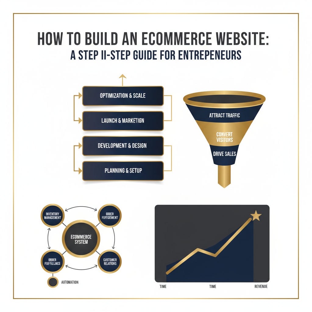 Infographic-style header image for an ecommerce website guide, featuring interconnected geometric shapes, ascending growth charts, and workflow diagrams in a premium deep navy, charcoal, and white palette with metallic silver and gold accents, symbolizing step-by-step business growth, automation, and professional online presence.