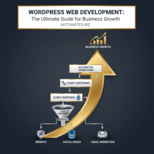 Infographic-style header image for 'WordPress Web Development: The Ultimate Guide for Business Growth'. Features modern vector graphics depicting business growth charts, workflow diagrams, and interconnected online presence elements, using a premium color palette of navy, charcoal, white, and metallic accents.