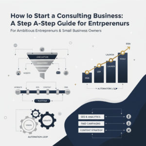 Infographic-style header image illustrating the steps and growth of a consulting business. Features interconnected flowcharts, sales funnels, business growth charts, and digital marketing icons in a modern, minimalist design with deep navy, charcoal, and metallic accents. No people are present, focusing on processes and automation for entrepreneurs.