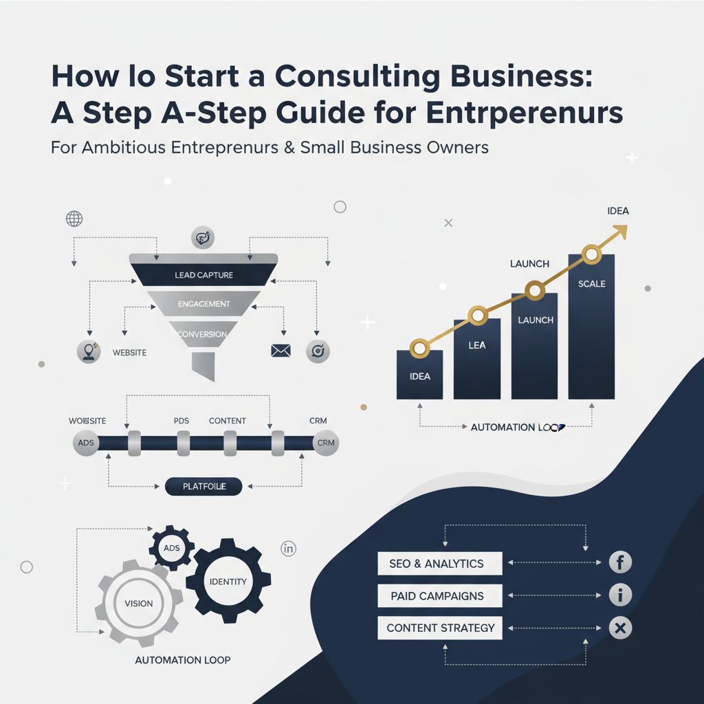 Infographic-style header image illustrating the steps and growth of a consulting business. Features interconnected flowcharts, sales funnels, business growth charts, and digital marketing icons in a modern, minimalist design with deep navy, charcoal, and metallic accents. No people are present, focusing on processes and automation for entrepreneurs.