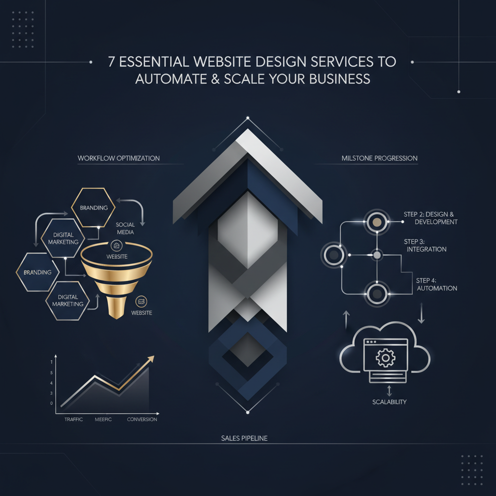 Infographic-style header image representing 7 essential website design services for business automation and scaling. The visual features interconnected professional diagrams, ascending growth charts, and abstract depictions of digital marketing workflows and sales funnels, rendered in a modern, minimalist style with deep navy, charcoal, and metallic silver/gold accents.