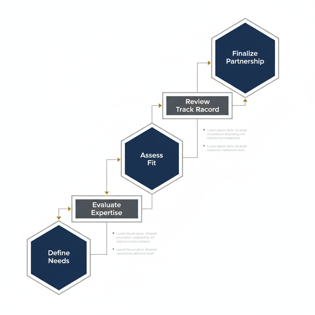 Infographic visualizing a multi-stage, ascending process flow for choosing the right family business consultant using clean geometric shapes and a professional color palette.