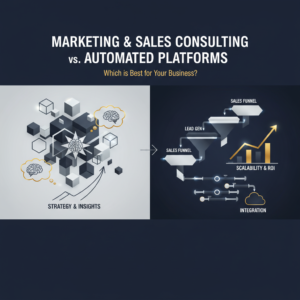 Premium infographic comparing marketing and sales consulting with automated platforms. One side abstractly depicts human-led consulting. The other illustrates streamlined automated workflows, sales funnels, and growth charts using modern geometric shapes, directional arrows, and a deep navy, charcoal, white, and metallic color palette. Emphasizes efficiency and professional business growth.