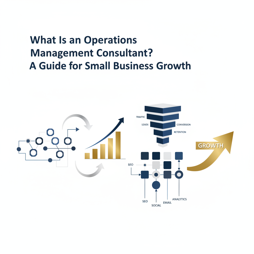Premium infographic-style header image illustrating operations management consulting concepts for small business growth. Features abstract, interconnected workflow diagrams, ascending growth charts, and lead generation funnels using geometric shapes, metallic accents, and a deep navy, charcoal, and white color palette. No human figures.