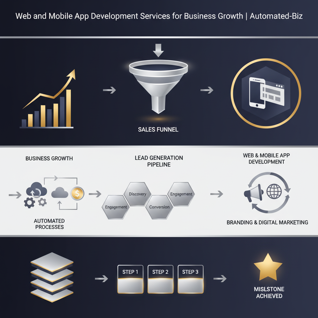 A clean, premium infographic-style header image depicting abstract concepts of web and mobile app development for business growth and automation. The image features a modern, vector-based design with interconnected workflow diagrams, ascending growth charts, and digital marketing frameworks, all rendered in a sophisticated palette of deep navy, charcoal, and white with metallic silver highlights. Elements like directional arrows and layered steps emphasize efficiency, streamlined operations, and measurable results, conveying a professional and action-oriented tone. No human elements are present.