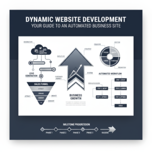 A clean, premium infographic-style header image for an article on dynamic website development. The image conceptually illustrates business growth, automation, and online entrepreneurship through data-driven visuals. It features vector-based elements such as workflow diagrams, ascending growth charts, and layered website icons, rendered in a modern, minimalist style with clean geometric shapes, subtle gradients, and metallic silver and gold accents. The color palette is deep navy, charcoal, and white. No human figures are present, focusing on abstract business concepts and processes.