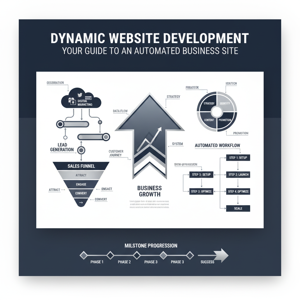 A clean, premium infographic-style header image for an article on dynamic website development. The image conceptually illustrates business growth, automation, and online entrepreneurship through data-driven visuals. It features vector-based elements such as workflow diagrams, ascending growth charts, and layered website icons, rendered in a modern, minimalist style with clean geometric shapes, subtle gradients, and metallic silver and gold accents. The color palette is deep navy, charcoal, and white. No human figures are present, focusing on abstract business concepts and processes.