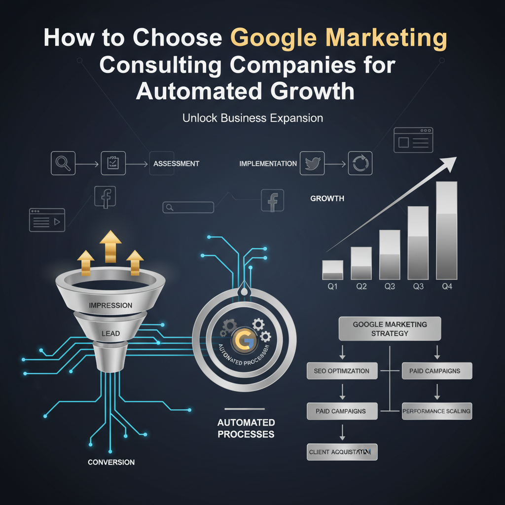A clean, premium infographic-style header image for an article on choosing Google Marketing Consulting Companies. It visually represents automated business growth through interconnected workflow diagrams, ascending growth charts, sales funnels, and digital marketing frameworks, all rendered in a modern, vector art style with deep navy, charcoal, white, and metallic accents, emphasizing efficiency and professional expertise.
