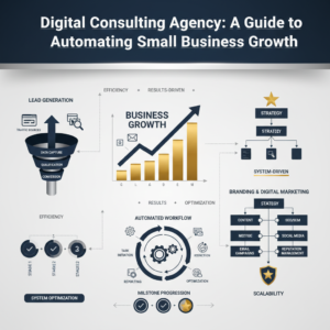 A clean, premium infographic-style header image titled 'Digital Consulting Agency: A Guide to Automating Small Business Growth'. The image visually represents business growth, automation, and online entrepreneurship through conceptual data-driven elements. It features interconnected workflow diagrams, ascending growth charts, sales funnels, and digital marketing frameworks, all emphasizing efficiency and results. The style is modern, vector-based, minimalist, with geometric shapes, subtle gradients, and metallic accents in deep navy, charcoal, white, and metallic silver/gold. No human figures are present.