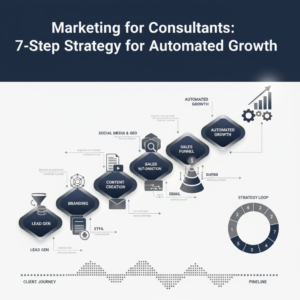 A clean, premium infographic-style header image with modern vector graphics. It depicts abstract concepts of business growth and automation, featuring interconnected workflow diagrams, ascending charts, and digital marketing frameworks. The color palette includes deep navy, charcoal, white, and metallic silver or gold accents, conveying professionalism and efficiency. No people or stock photography are present.