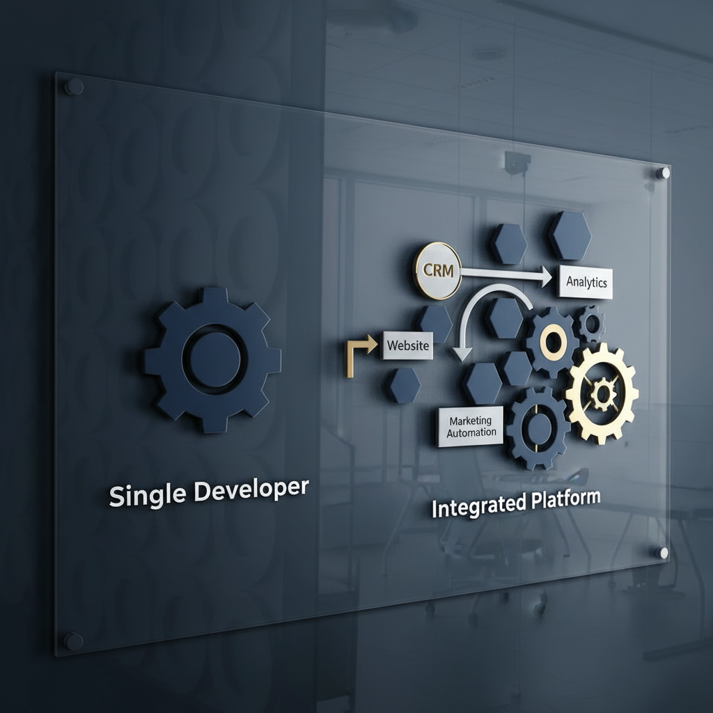 A comparative infographic contrasting a single, isolated block representing a developer with a complex, interconnected system of geometric components representing an integrated platform.