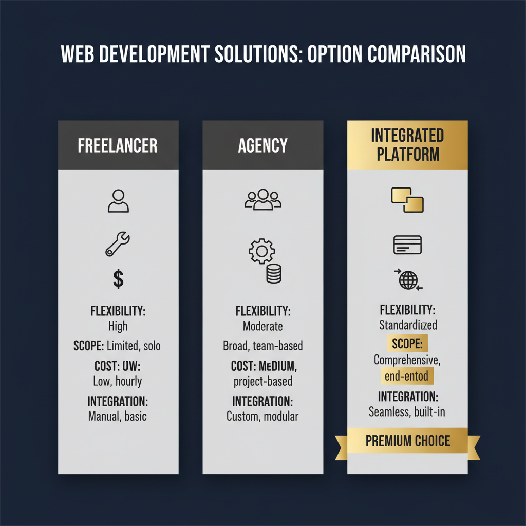 A comparison infographic with three vertical columns, each representing a Freelancer, an Agency, or an Integrated Platform. Each column displays abstract icons and minimalist graphics to highlight their respective characteristics for web development, using a professional color scheme.