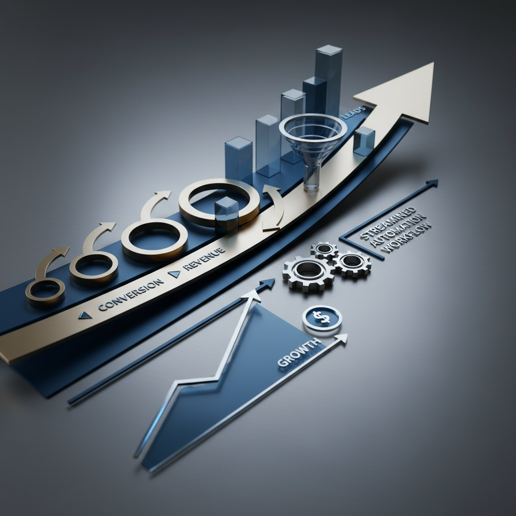 A conceptual image showcasing business growth, sales strategy, and automation. Features abstract charts, a sales funnel, and interconnected workflow icons in a modern, professional style with deep blue and metallic colors, no human figures.