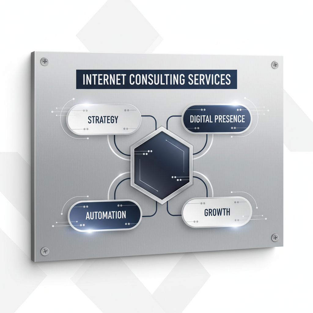 A minimalist, abstract infographic depicting a central hub with interconnected modules, visually representing the comprehensive nature of internet consulting services with categories like strategy and automation.
