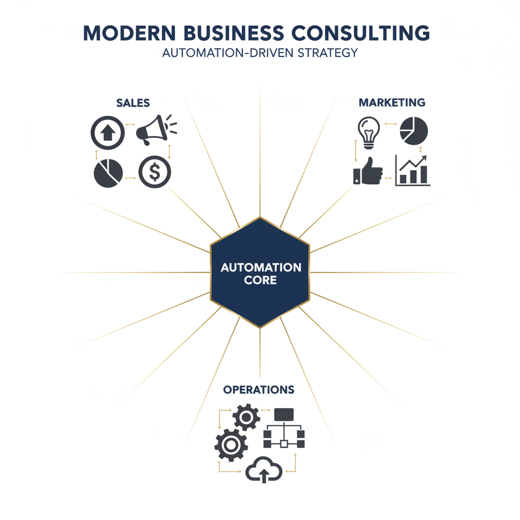 A minimalist infographic featuring a central automation hub with interconnected lines and abstract icons representing business functions, set against a deep navy and charcoal background with gold highlights.