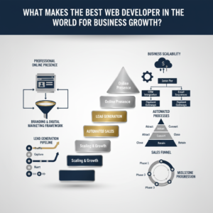 A minimalist, premium infographic header image for an article on 'What Makes the Best Web Developer in the World for Business Growth?'. The visual displays abstract, vector-based elements symbolizing business automation, digital marketing funnels, and growth charts in a structured, clean layout. It features interconnected geometric shapes, ascending arrows, and subtle metallic accents on a deep navy, charcoal, and white background, representing streamlined processes, efficiency, and professional expertise for business scaling, without any human figures.