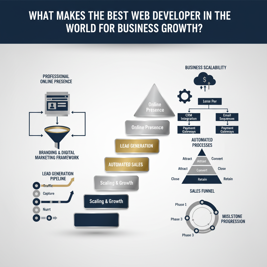 A minimalist, premium infographic header image for an article on 'What Makes the Best Web Developer in the World for Business Growth?'. The visual displays abstract, vector-based elements symbolizing business automation, digital marketing funnels, and growth charts in a structured, clean layout. It features interconnected geometric shapes, ascending arrows, and subtle metallic accents on a deep navy, charcoal, and white background, representing streamlined processes, efficiency, and professional expertise for business scaling, without any human figures.