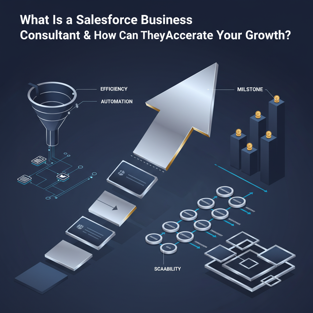 A minimalist, premium infographic-style image depicting abstract interconnected geometric shapes, directional arrows, and stylized icons representing business growth charts, sales funnels, and automated workflows. The color scheme is deep navy, charcoal, and white with metallic silver accents, conveying professionalism and efficiency without any human figures.
