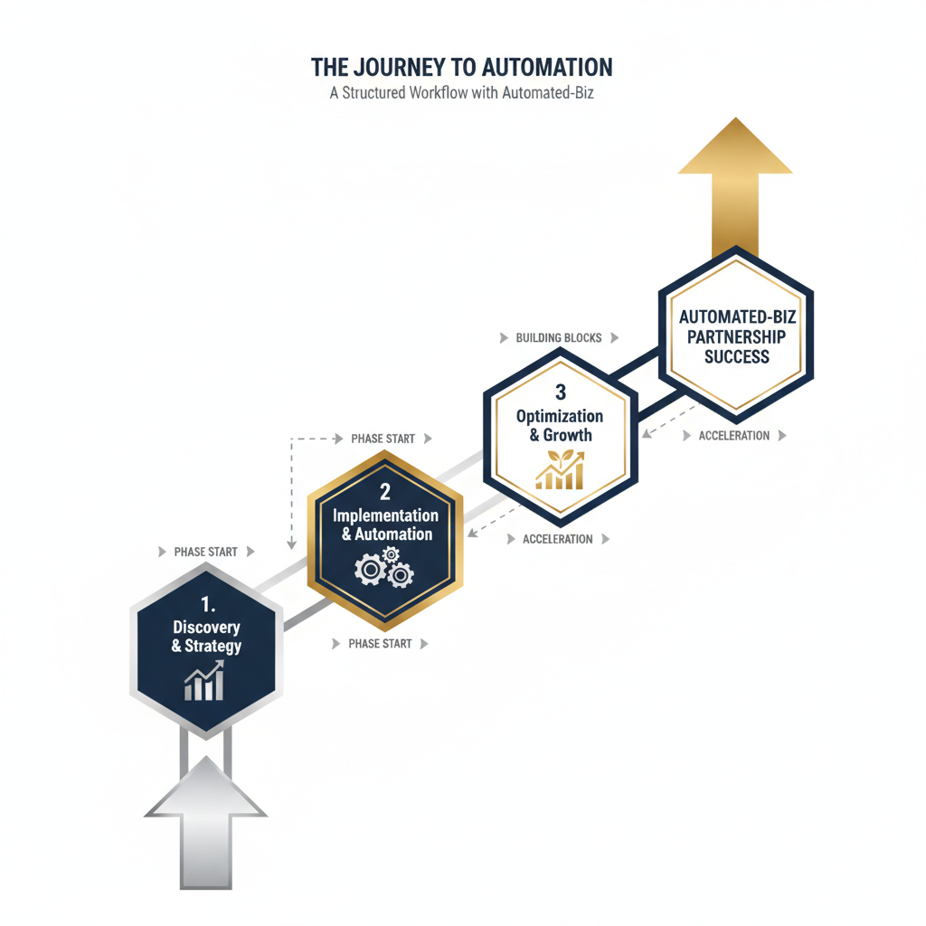 A minimalist, step-by-step infographic showing the structured partnership journey with Automated-Biz, including stages like discovery, implementation, and growth.
