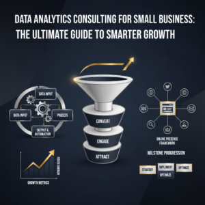 A modern, premium infographic header image depicting business growth and data analytics. It features abstract workflow diagrams, ascending growth charts, sales funnels, and interconnected digital marketing frameworks, rendered in deep navy, charcoal, white, and metallic silver or gold accents. The style is vector-based and minimalist, conveying professionalism and efficiency, with no human figures.