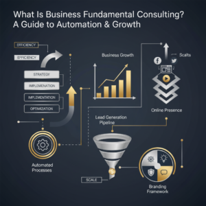 A modern, premium infographic header image for an article titled 'What Is Business Fundamental Consulting? A Guide to Automation & Growth'. The image depicts abstract vector elements such as interconnected flowcharts, ascending growth charts, and layered diagrams, visually representing business automation, online growth, and strategic consulting. The design uses a sophisticated color palette of deep navy, charcoal, and white, with metallic silver and gold accents, conveying professionalism, efficiency, and expert guidance. No human figures are present.