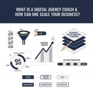 A modern, premium infographic illustrating business growth and efficiency for digital agencies. It features abstract, non-human elements like interconnected workflow diagrams, ascending growth charts, sales funnels, and digital marketing frameworks, all in a clean, vector style with deep navy, charcoal, white, and metallic silver or gold accents. The image conveys professional expertise and automation, with ample negative space for clarity.