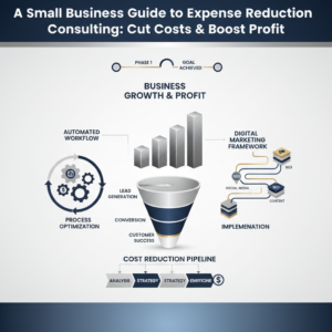 A modern, premium infographic illustrating expense reduction and profit growth for small businesses. The vector-based design features interconnected geometric shapes, workflow diagrams, upward-trending charts, and financial symbols in deep navy, charcoal, white, and metallic accents, conveying efficiency and strategic financial management.