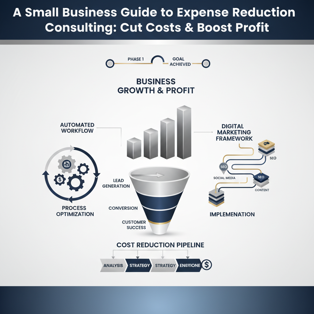 A modern, premium infographic illustrating expense reduction and profit growth for small businesses. The vector-based design features interconnected geometric shapes, workflow diagrams, upward-trending charts, and financial symbols in deep navy, charcoal, white, and metallic accents, conveying efficiency and strategic financial management.