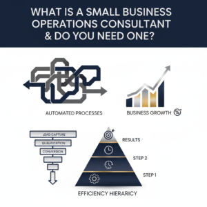 A modern, premium infographic-style header image featuring abstract, vector-based elements such as workflow diagrams, ascending growth charts, and lead generation pipelines. The design uses clean geometric shapes, subtle gradients, and metallic silver/gold accents in a deep navy, charcoal, and white color palette, conveying business automation, growth, and professional expertise for small business operations.