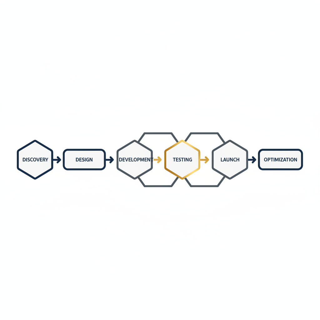 A multi-step process flow diagram illustrating a proven app development methodology.