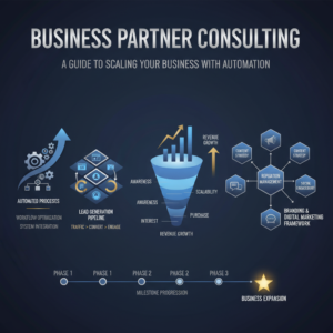 A premium, infographic-style header image with a modern, vector-based design. It features interconnected geometric shapes, abstract workflow diagrams, ascending growth charts, and stylized sales funnels in deep navy, charcoal, white, and metallic silver/gold, representing business automation, online growth, and strategic scaling for entrepreneurs. No human figures are present.