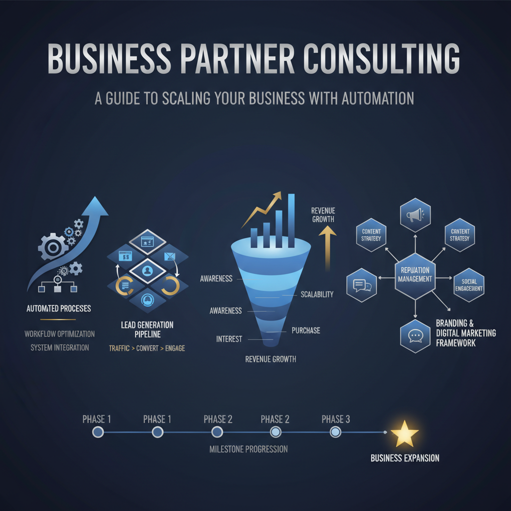 A premium, infographic-style header image with a modern, vector-based design. It features interconnected geometric shapes, abstract workflow diagrams, ascending growth charts, and stylized sales funnels in deep navy, charcoal, white, and metallic silver/gold, representing business automation, online growth, and strategic scaling for entrepreneurs. No human figures are present.