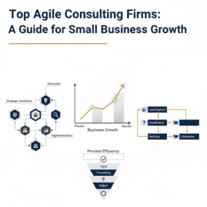 A premium, minimalist infographic-style header image with a modern vector design. It features abstract business elements like interconnected workflow diagrams, an upward-trending growth chart, and structured process flows. The color palette includes deep navy, charcoal, and white, accented with metallic silver or gold, conveying professionalism and strategic business guidance for small businesses.