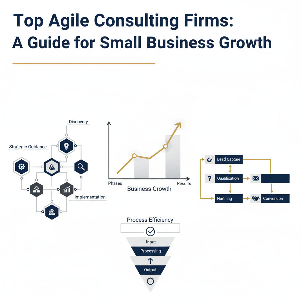A premium, minimalist infographic-style header image with a modern vector design. It features abstract business elements like interconnected workflow diagrams, an upward-trending growth chart, and structured process flows. The color palette includes deep navy, charcoal, and white, accented with metallic silver or gold, conveying professionalism and strategic business guidance for small businesses.