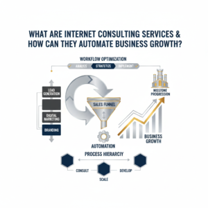 A premium, minimalist infographic-style header image depicting the concepts of internet consulting, business automation, and growth. The image features abstract, geometric shapes forming workflow diagrams, ascending growth charts, sales funnels, and interconnected digital marketing frameworks. The color palette is professional, with deep navy, charcoal, and white accented by metallic silver or gold highlights, conveying sophistication and efficiency. There are no human figures or photographic elements, emphasizing conceptual data visualization and streamlined processes relevant to online business growth.