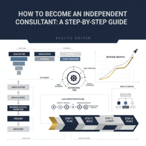 A professional infographic header for an article on becoming an independent consultant, featuring abstract visual representations of business growth, automation, and step-by-step processes using geometric shapes in deep navy, charcoal, white, and metallic gold/silver highlights.