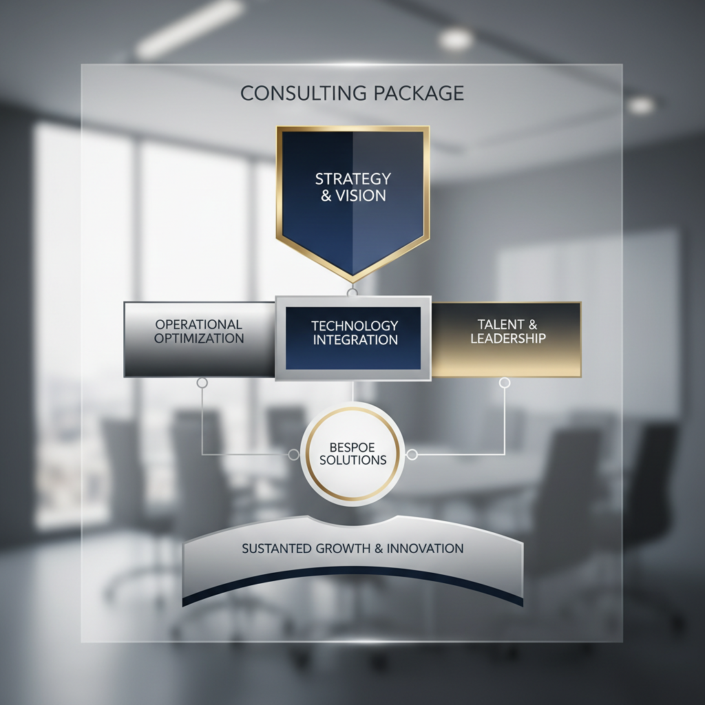 A professional infographic outlining the essential, interconnected components of a successful consulting package using a minimalist, layered framework.