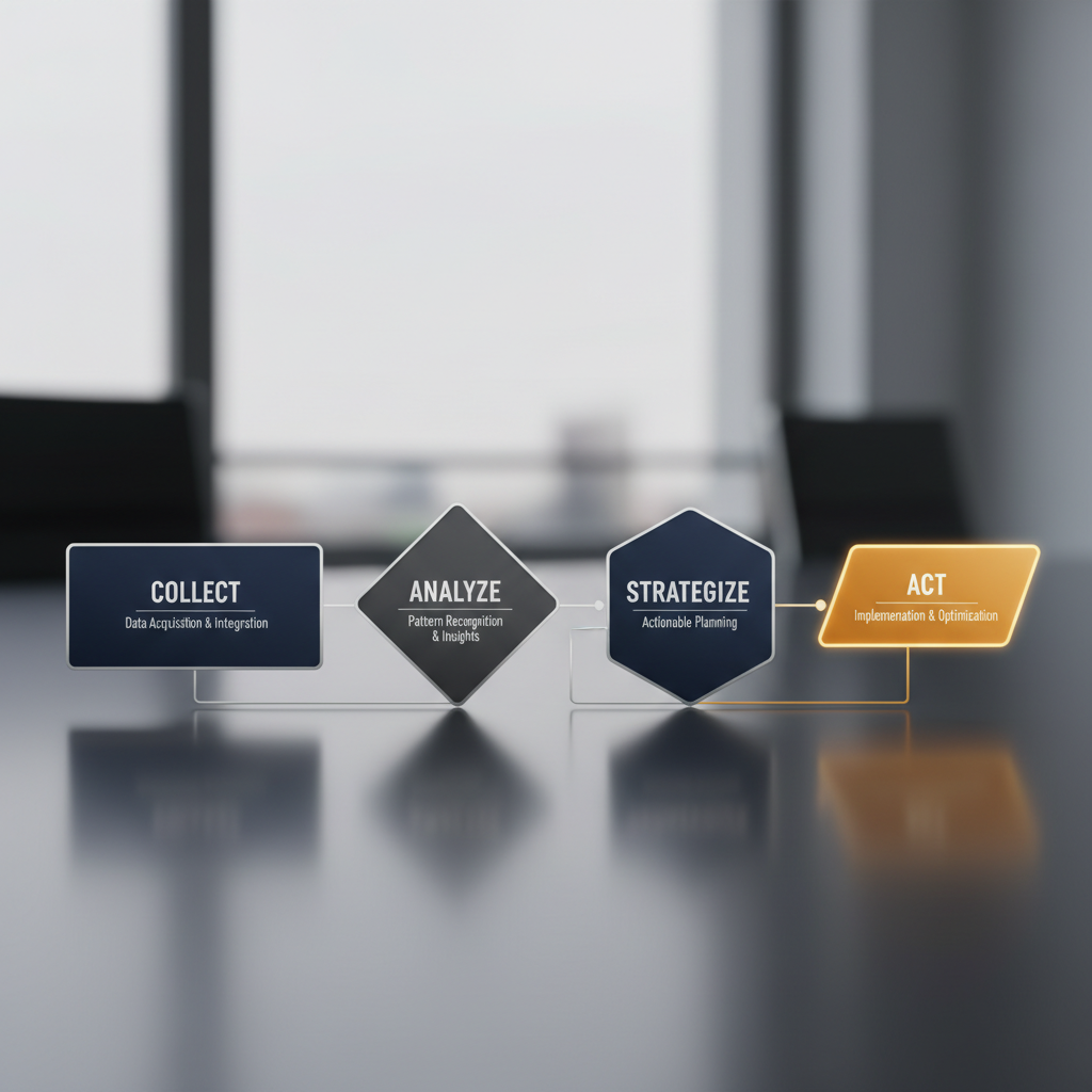 A step-by-step infographic depicting a clear, linear process for implementing data analytics, shown as interconnected geometric blocks in a professional style.