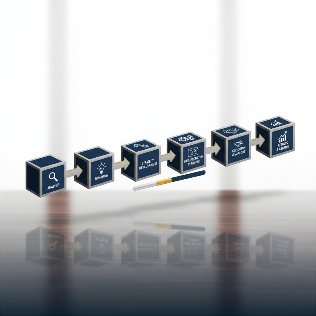 A step-by-step infographic showcasing the key stages of a management consulting process, depicted as a linear flow of geometric shapes with minimalist icons and silver/gold accents.