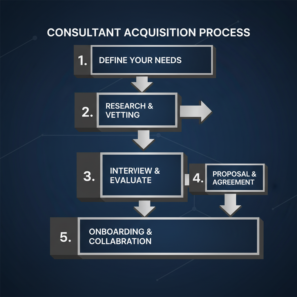 A step-by-step process infographic detailing the stages involved in finding and hiring the right affiliate marketing consultant.