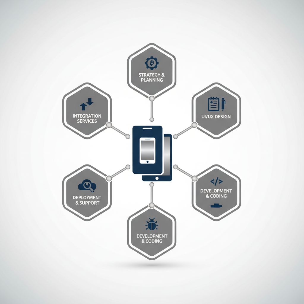 A structured infographic outlining the key services included in custom web and mobile app development.