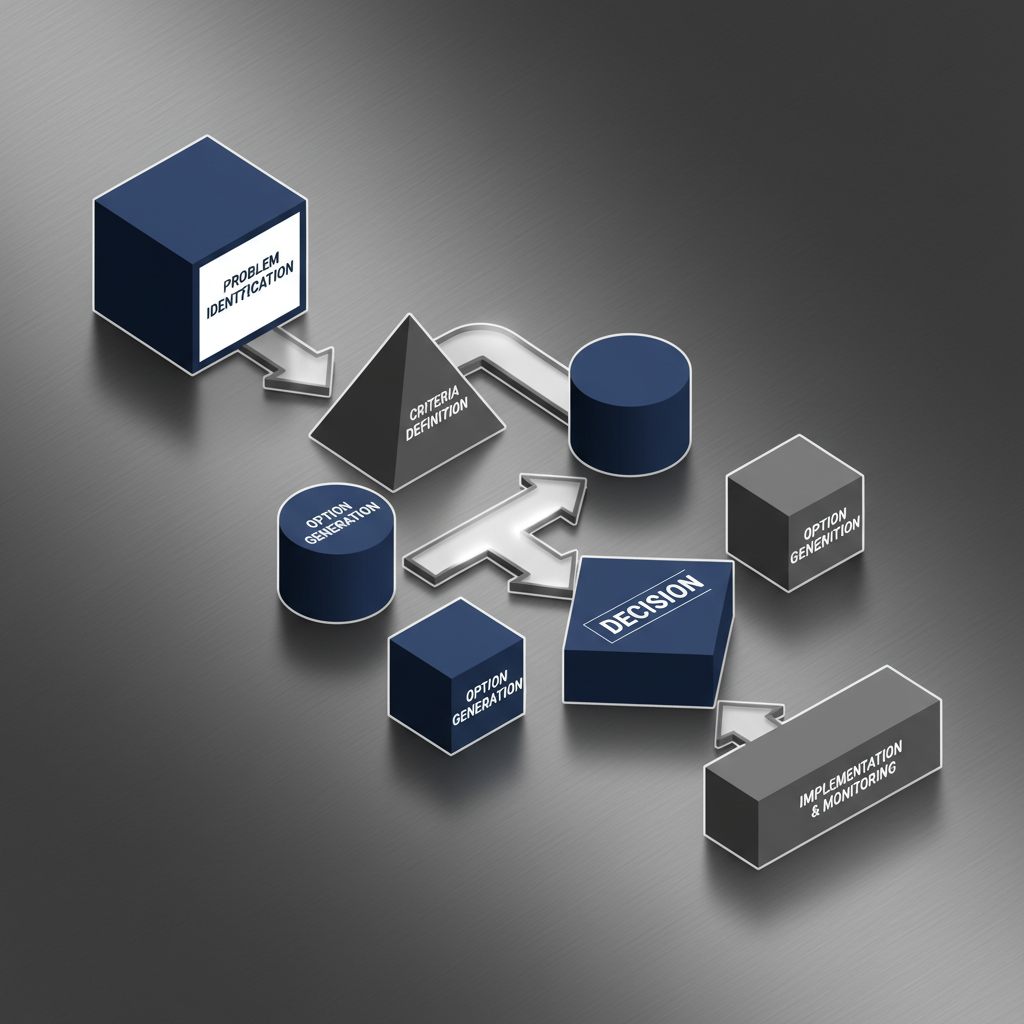 A structured, step-by-step decision-making framework represented by interconnected isometric shapes and arrows, illustrating the process of selecting a coaching firm.