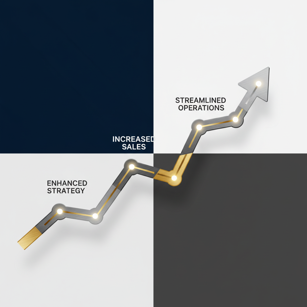 Abstract visualization of business growth showing an upward trajectory with interconnected nodes representing key benefits like increased sales and streamlined operations, using geometric shapes and metallic accents.
