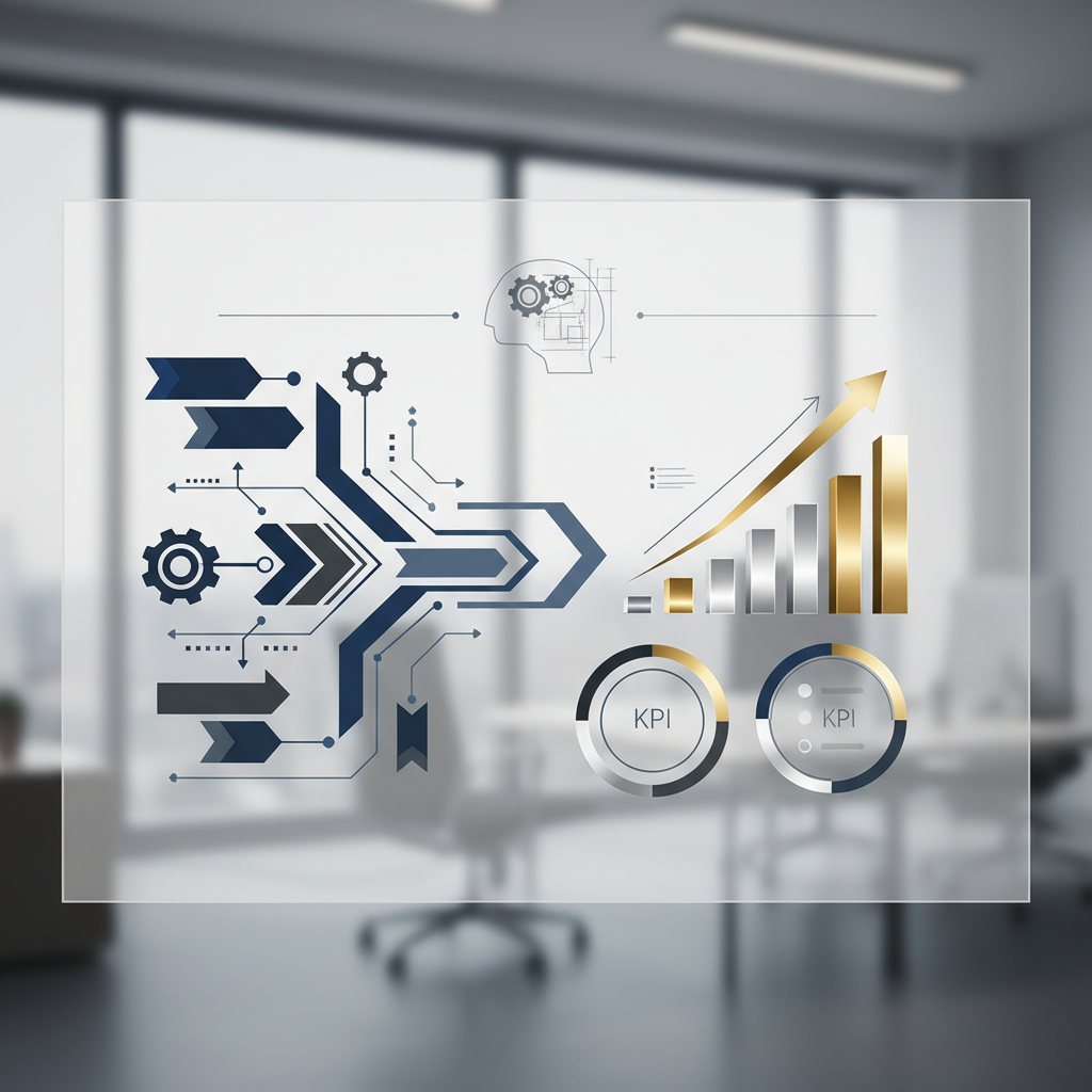 An abstract infographic depicting automated business workflows and processes feeding into upward-trending growth charts and KPI dashboards, with a subtle strategic blueprint icon, in deep navy, charcoal, silver, and gold.